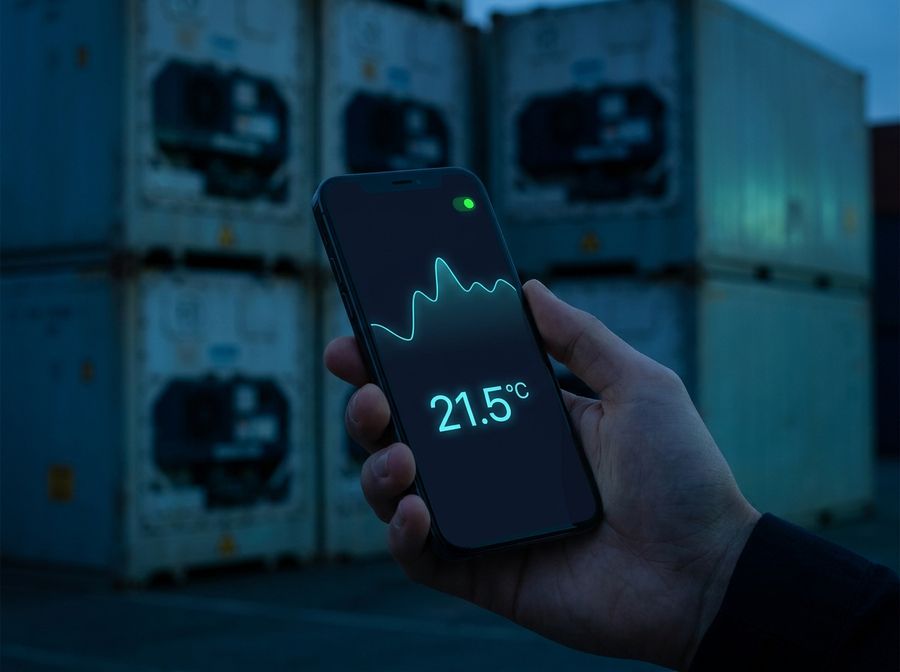 Celular mostrando la temperatura de un contenedor refrigerado en tiempo real